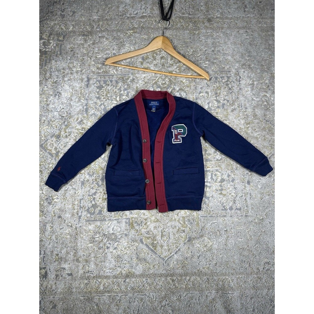 Polo Ralph Lauren Kids Fleece Letterman V-Neck Cardigan Navy Blue Red Size 5
